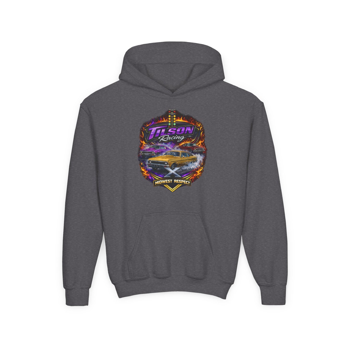 Gray hoodie with a colorful graphic on the back against a white background