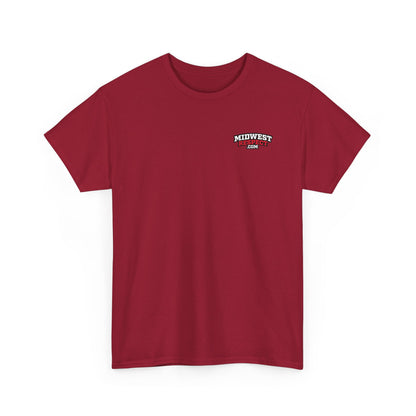 Red t-shirt with 'Midwest' logo on a white background