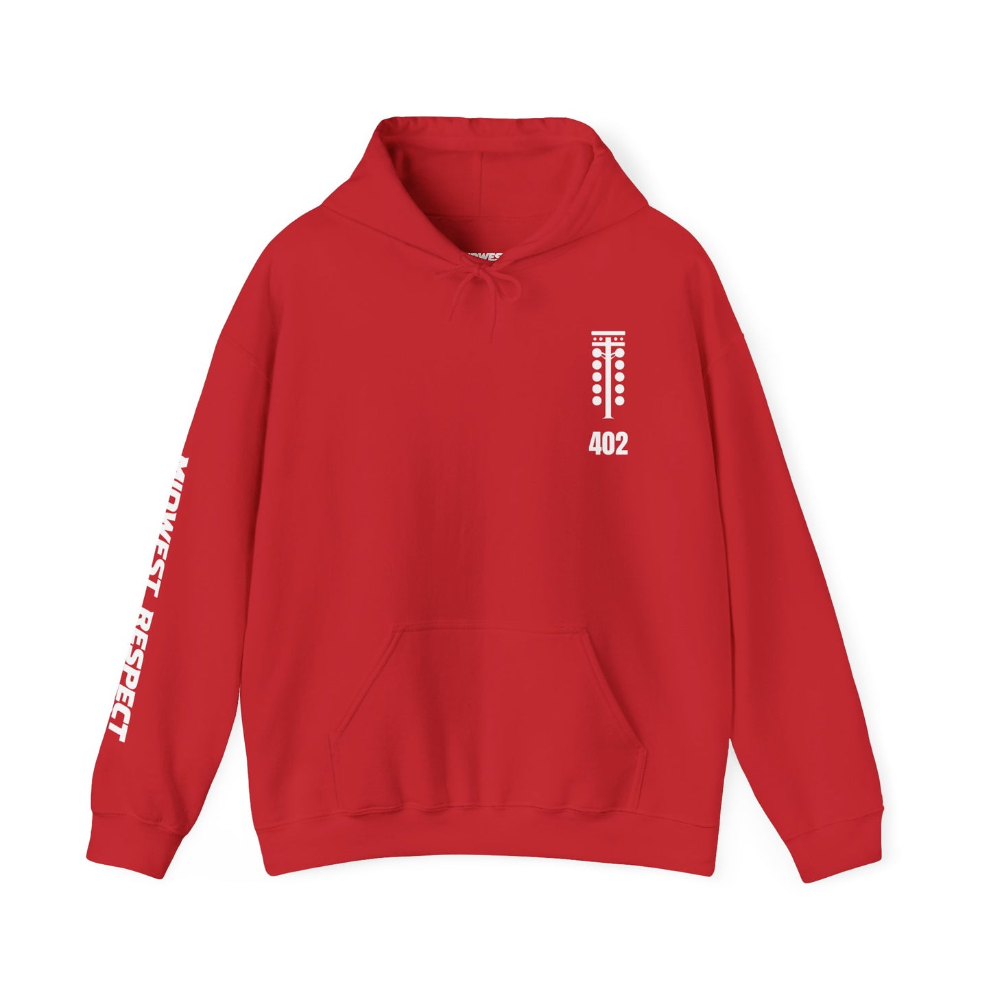 Red hoodie with a logo and text on a white background