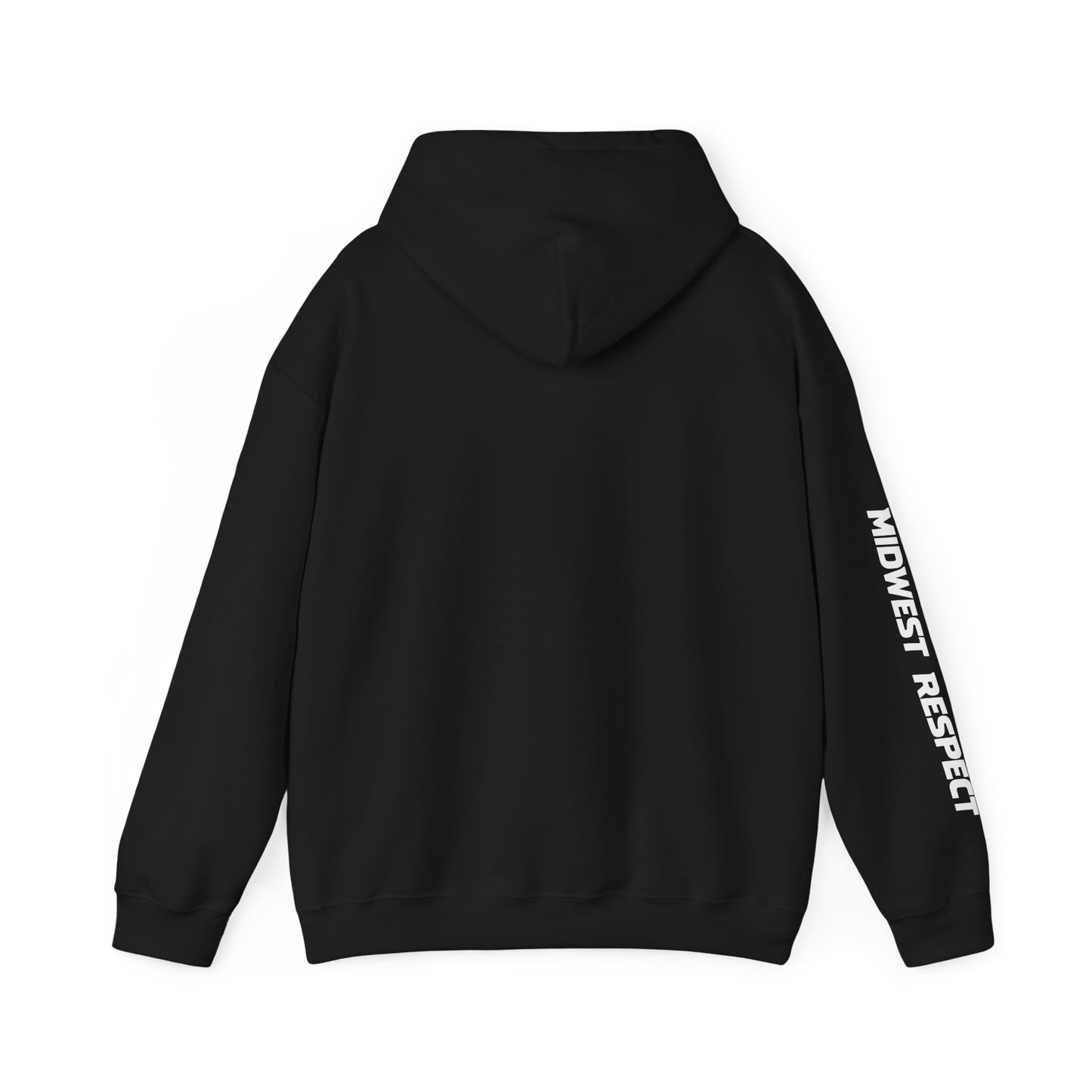 Black hoodie with 'Midwest Respect' text on sleeve against a white background