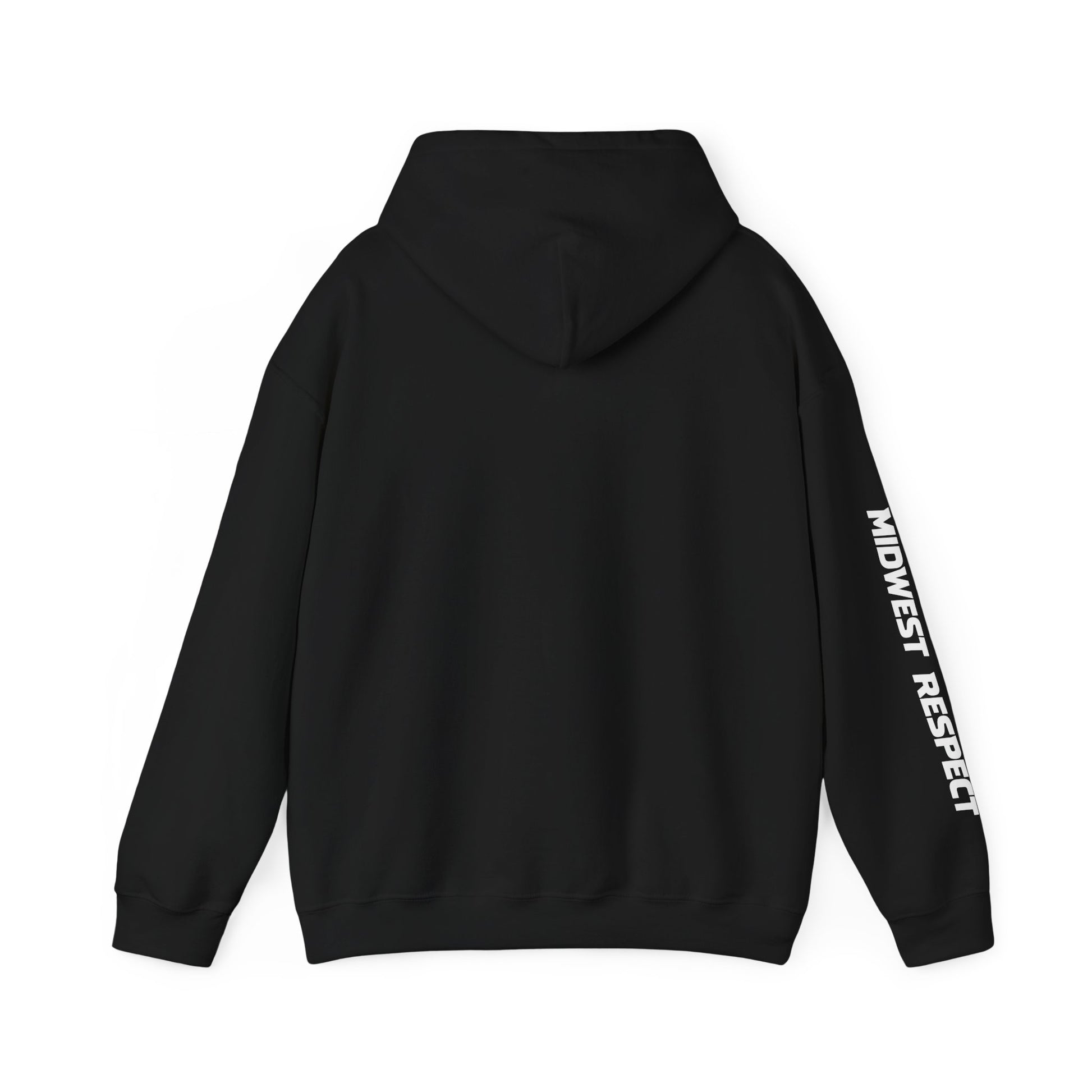 Black hoodie with 'Midwest Respect' text on sleeve against a white background
