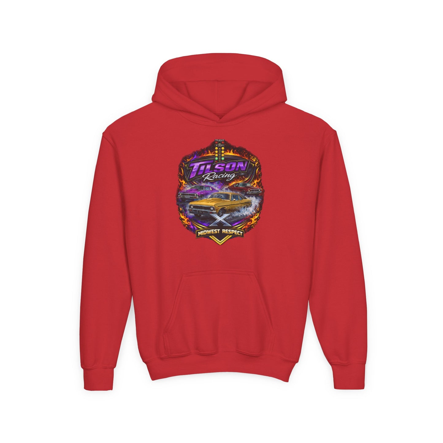 Red hoodie with a colorful graphic on the back against a white background