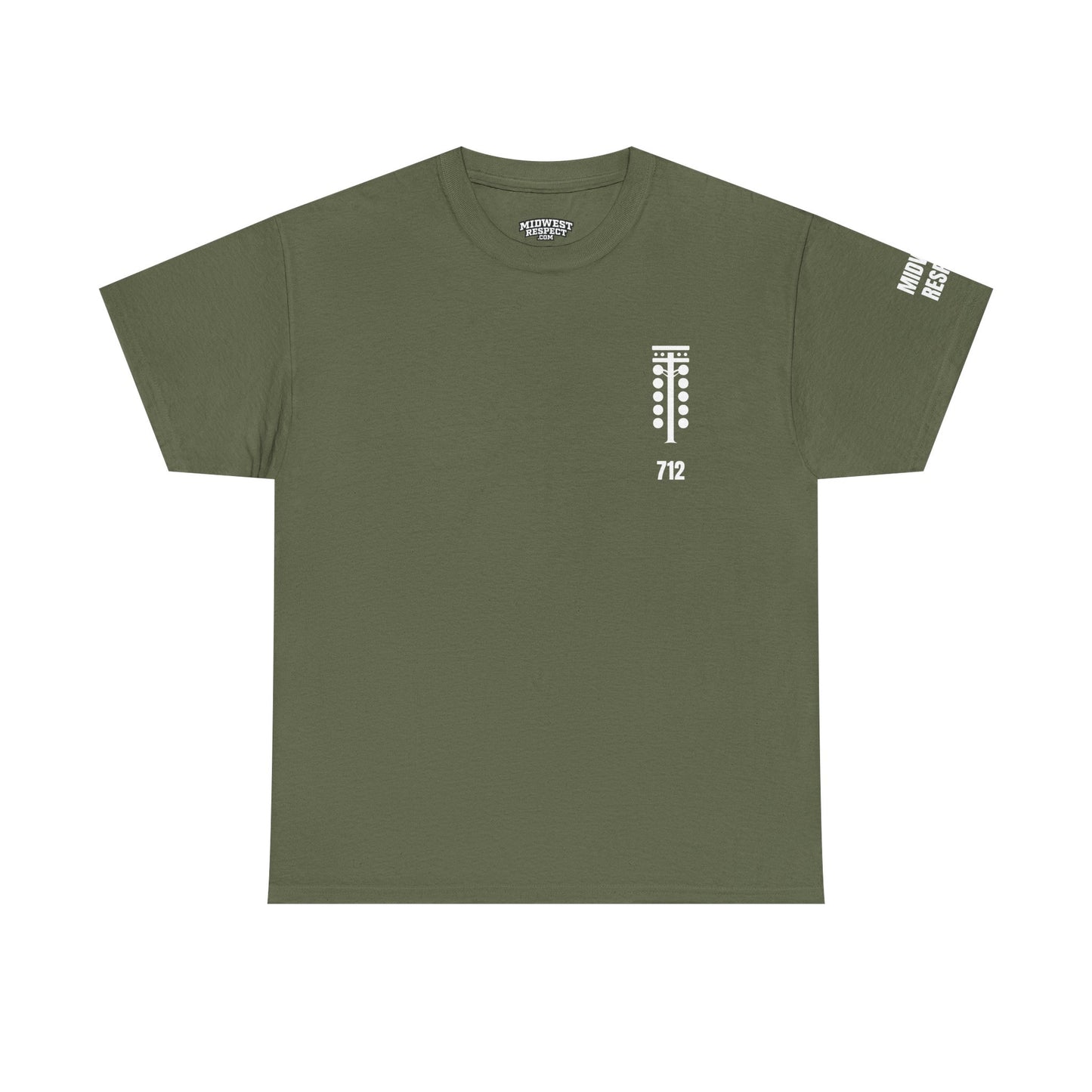 Military green t-shirt with logo on a white background
