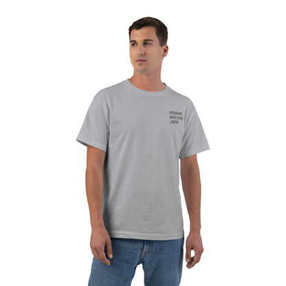 Man wearing a gray t-shirt with text on a white background