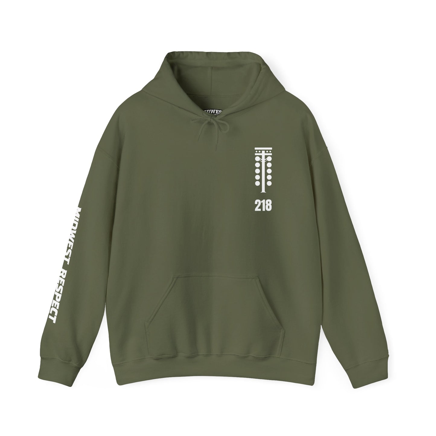 Green hoodie with white text and numbers on a white background