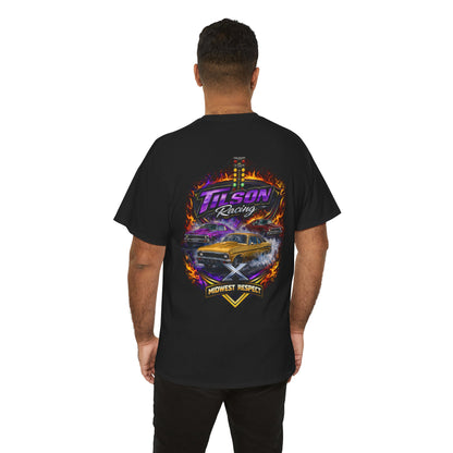 Person wearing a black t-shirt with a colorful graphic design on the back, featuring a car and text.