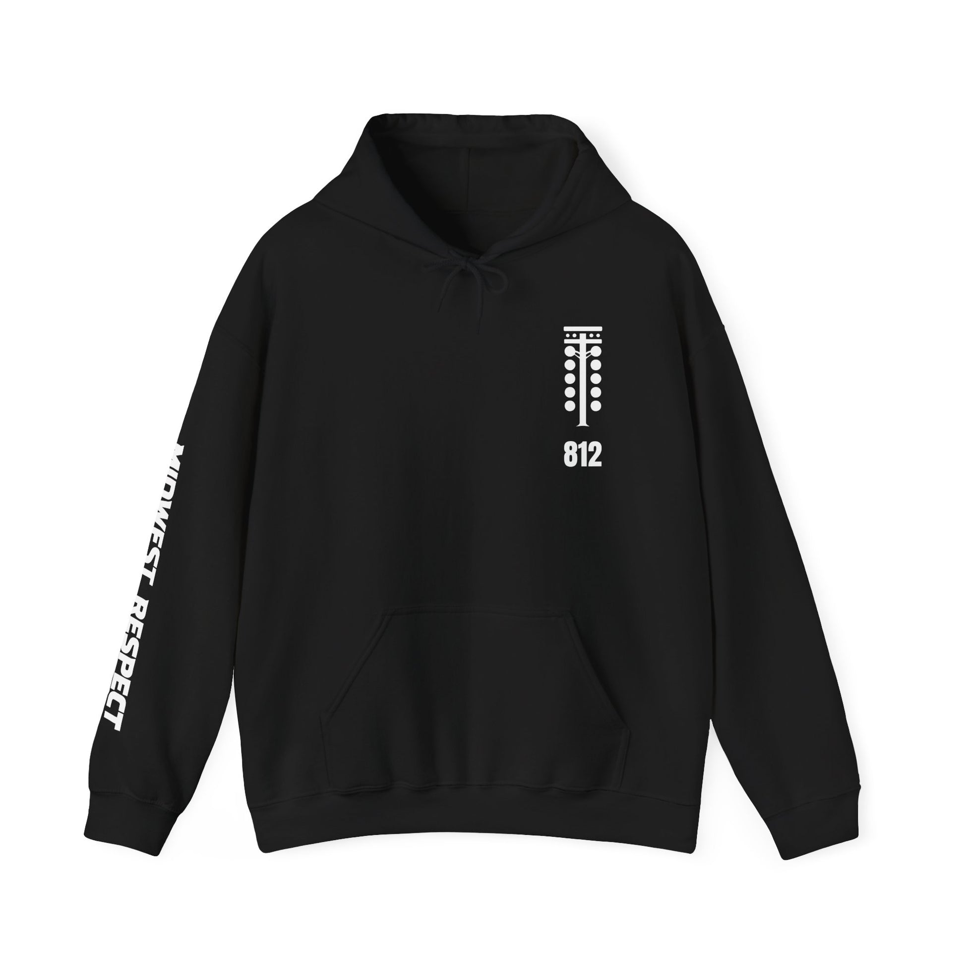 Black hoodie with white text and design on a white background