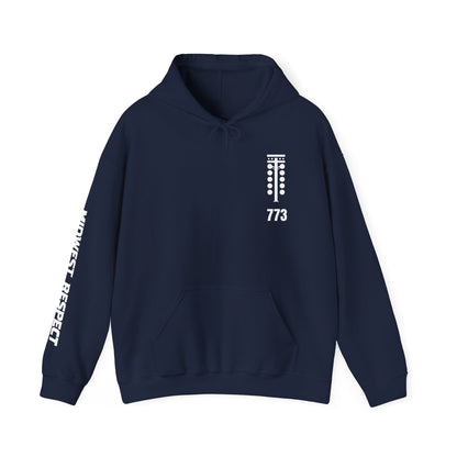 Navy blue hoodie with white text and design on a white background
