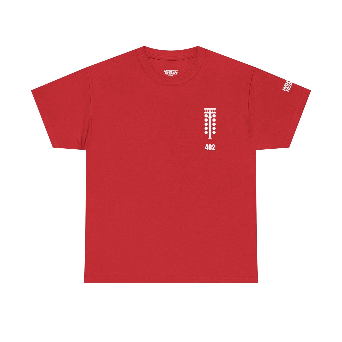Red t-shirt with a white logo and text on a white background