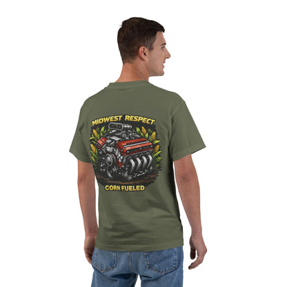 Man wearing a green t-shirt with a graphic design on the back, standing against a white background.