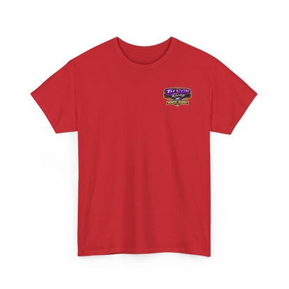 Red t-shirt with a logo on the chest against a white background