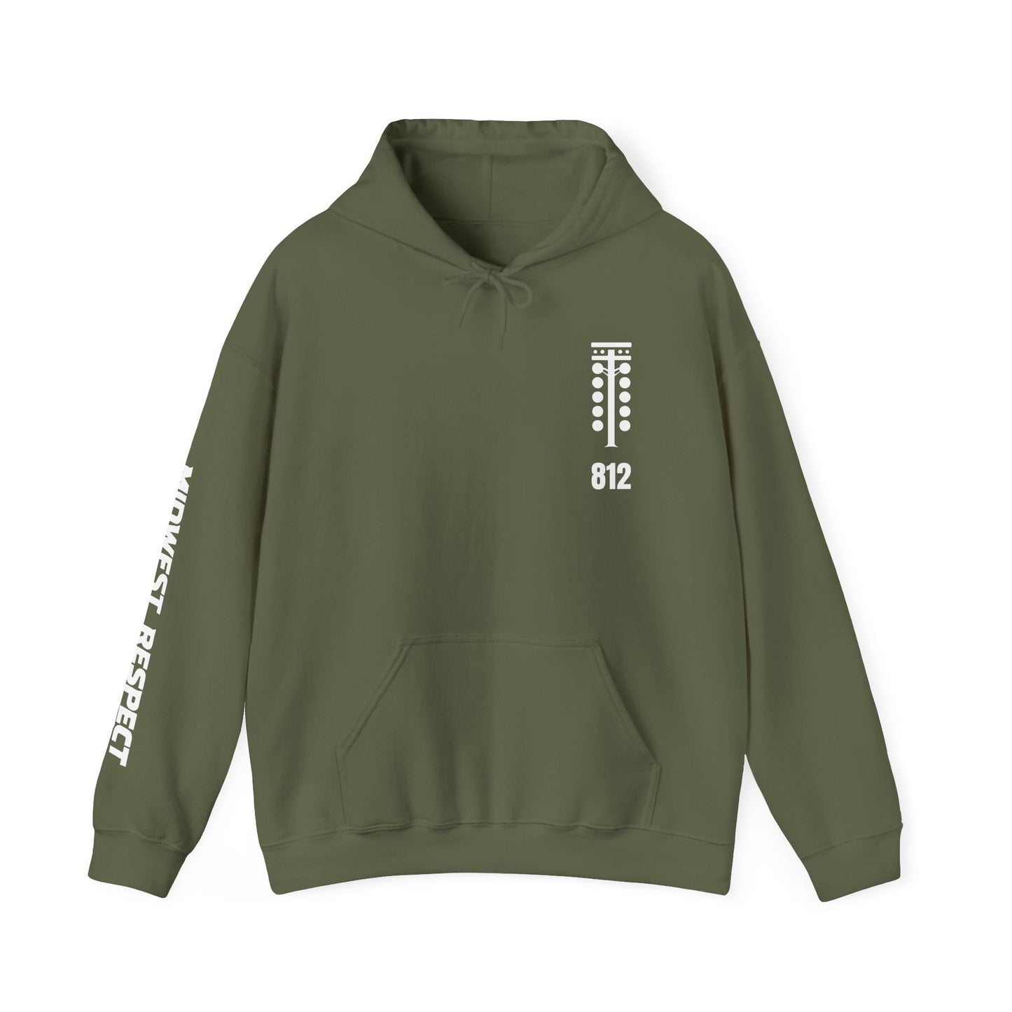 Green hoodie with white graphics and text on a white background