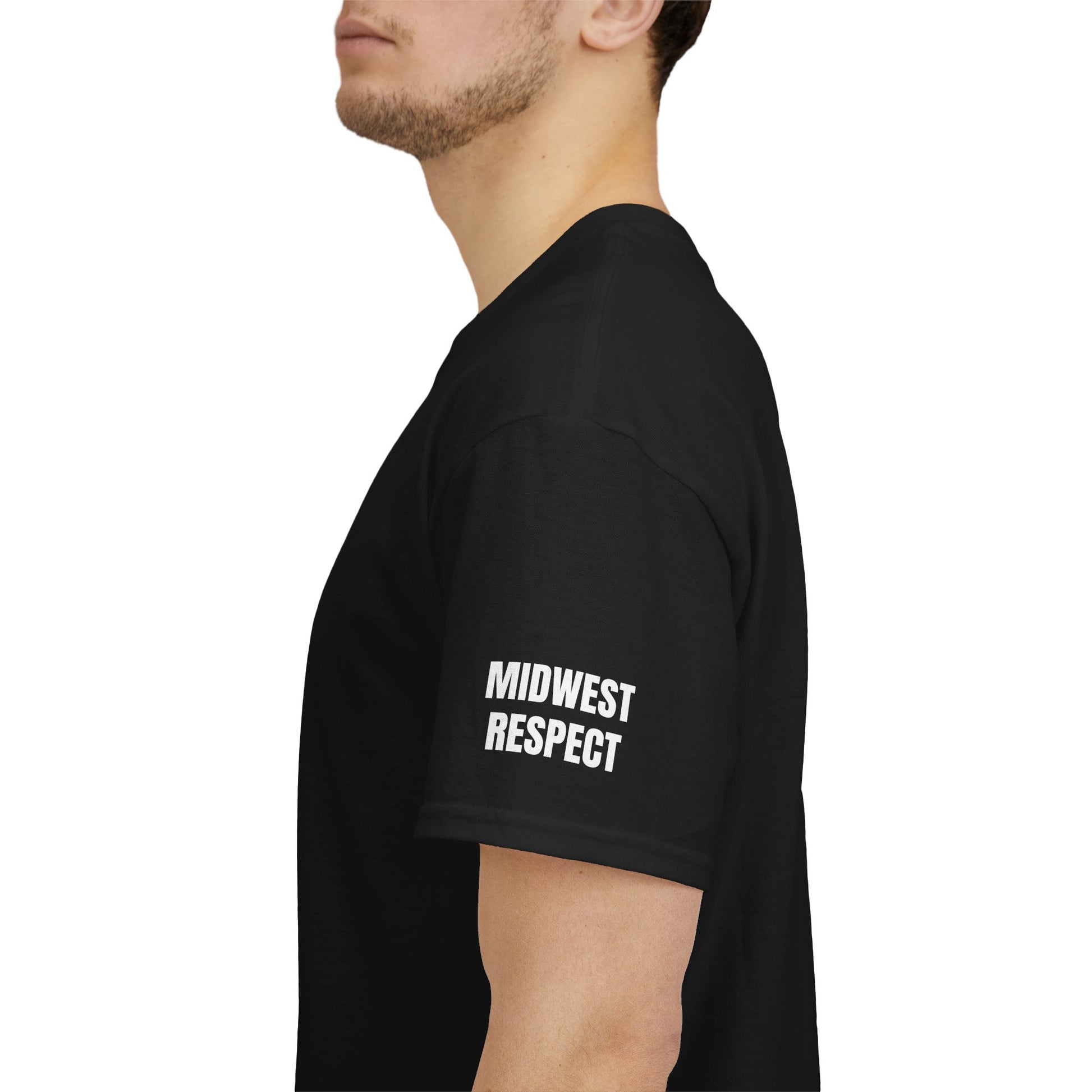 Green t-shirt with American flag design on sleeve worn by a person