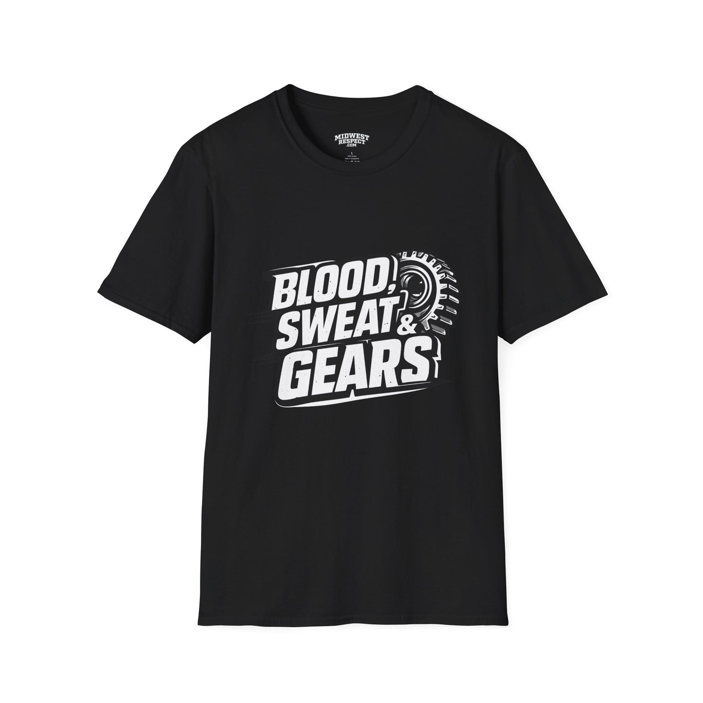 Navy blue t-shirt with 'Blood, Sweat & Gears' text on a white background
