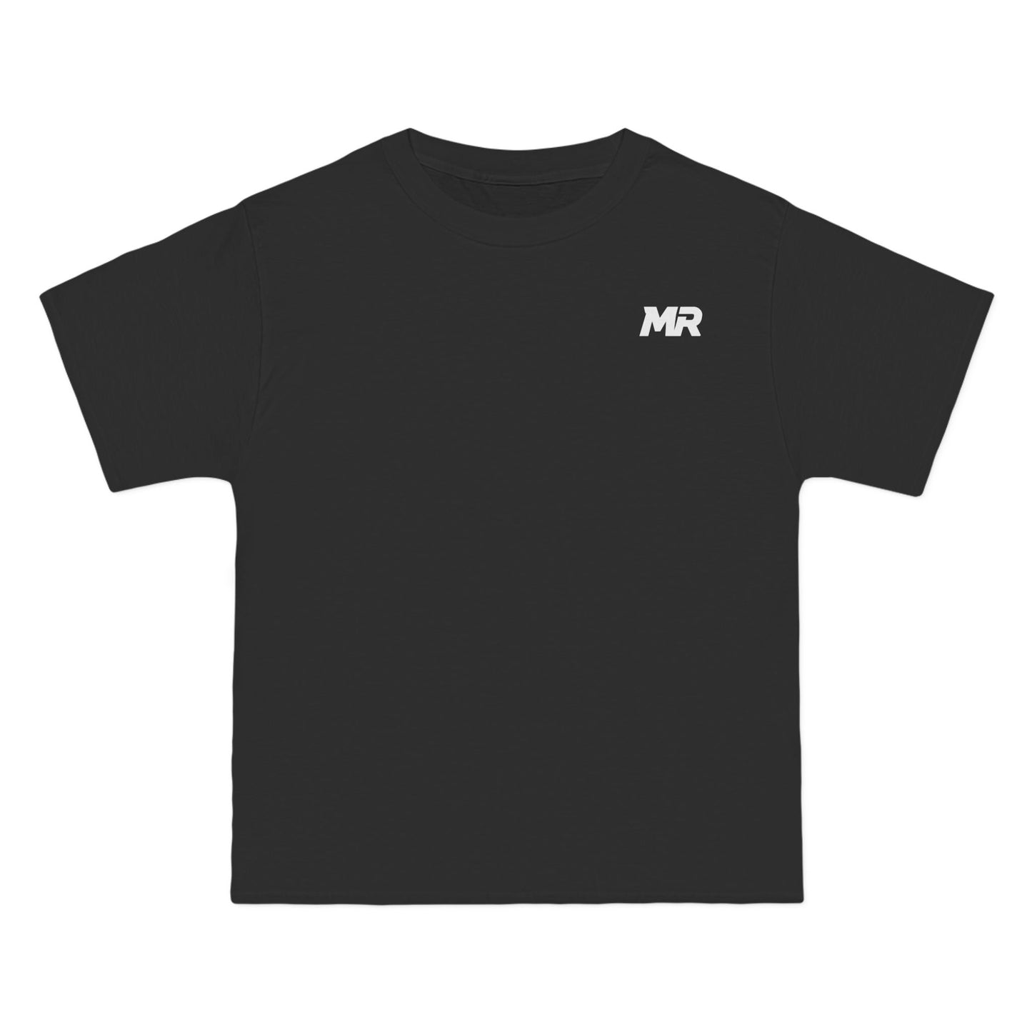 Black t-shirt with a white logo on a white background