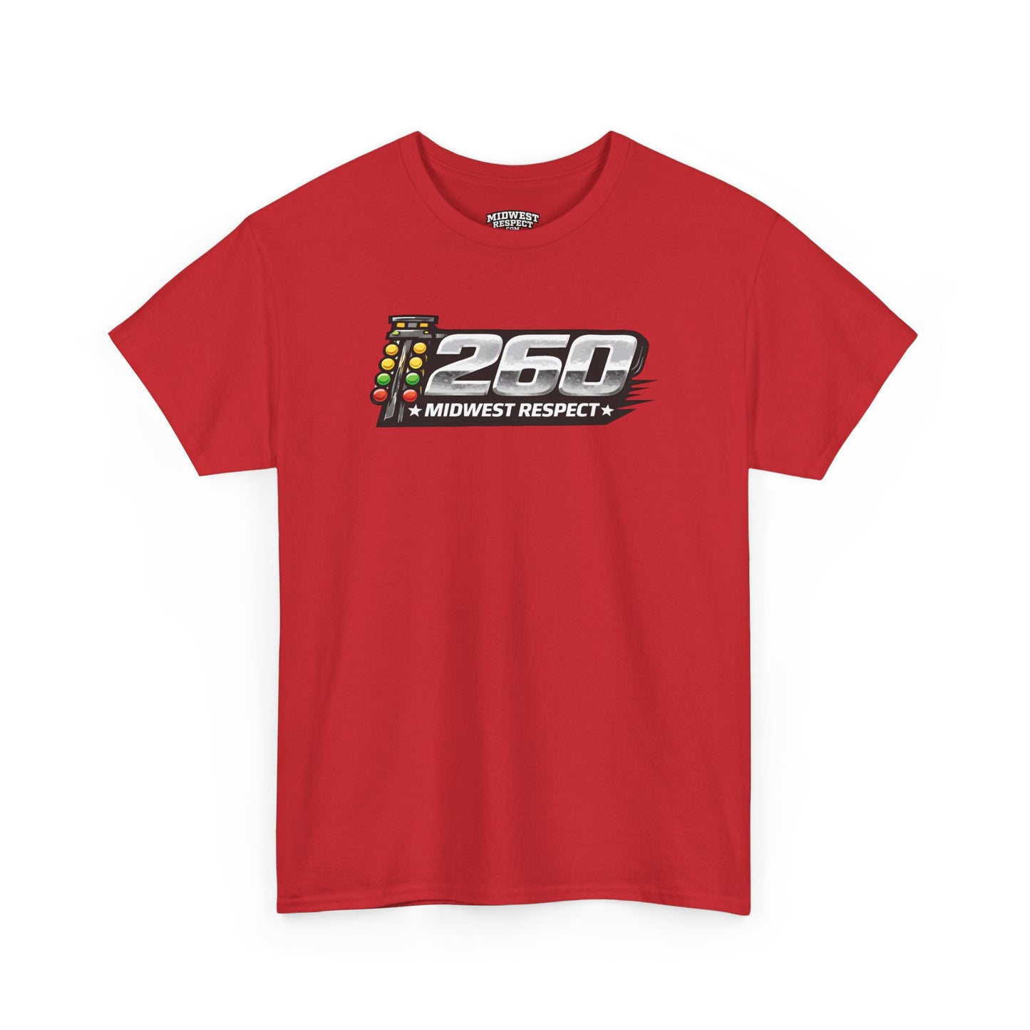 Red t-shirt with '260 Midwest Respect' graphic on a white background