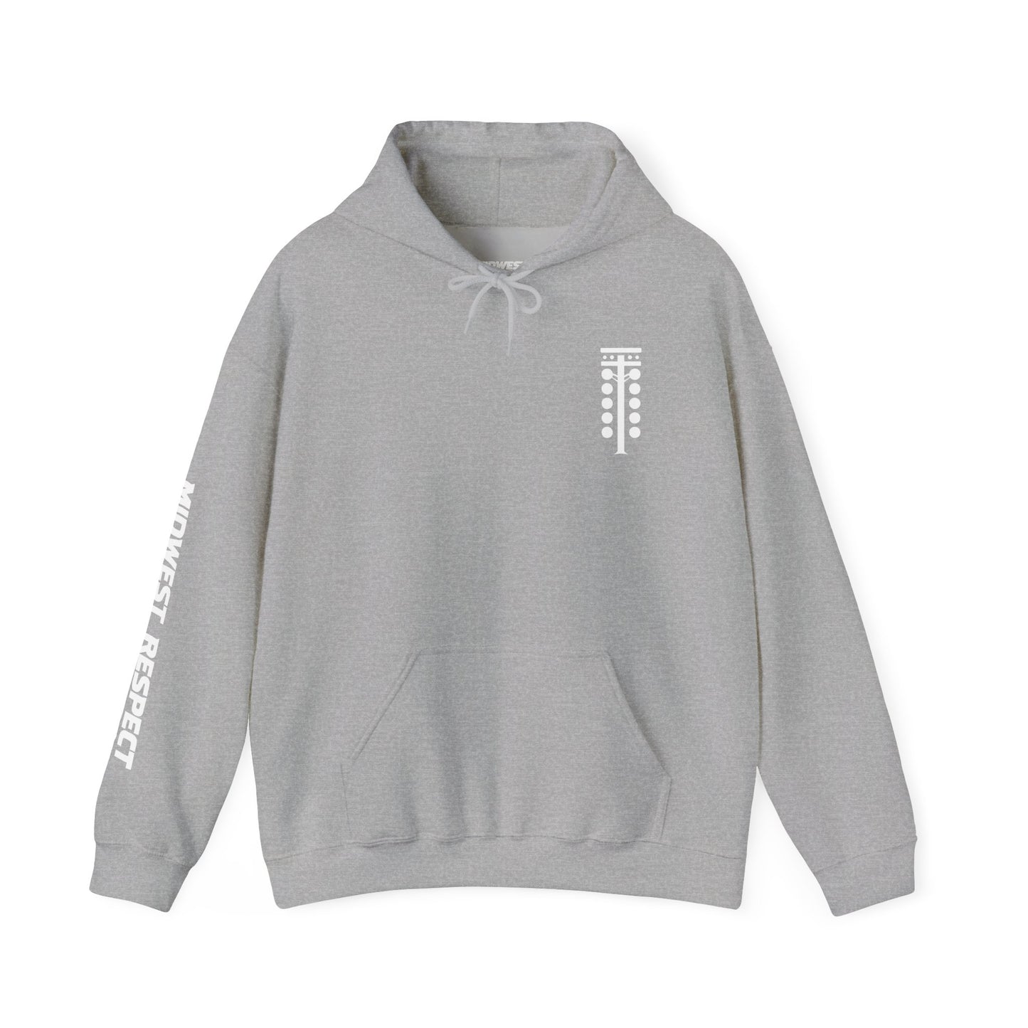 Gray hoodie with white text on a white background