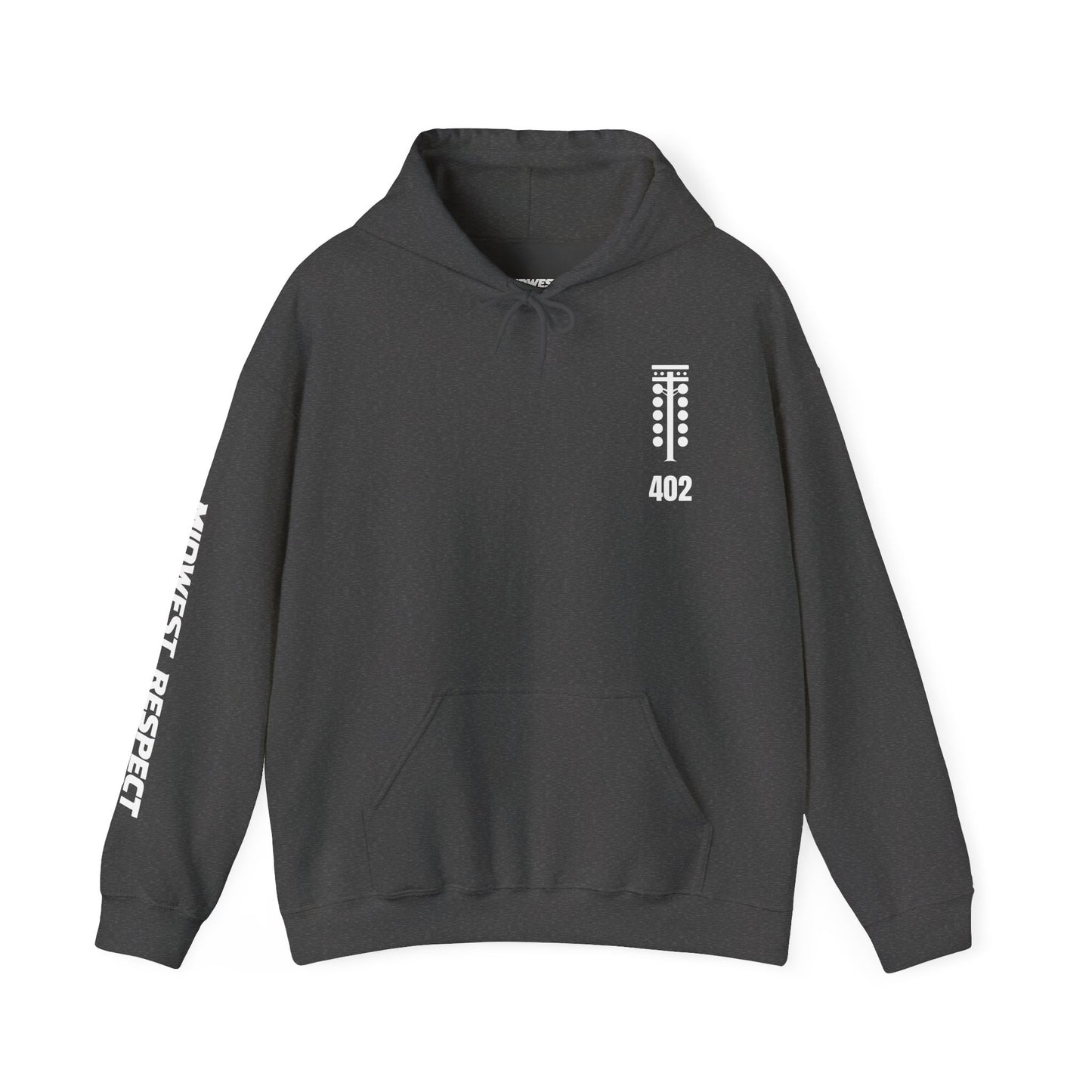 Dark gray hoodie with white text and graphics on a white background
