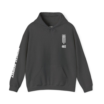 Dark gray hoodie with white text and graphics on a white background