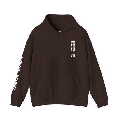 Brown hoodie with white graphics on a white background