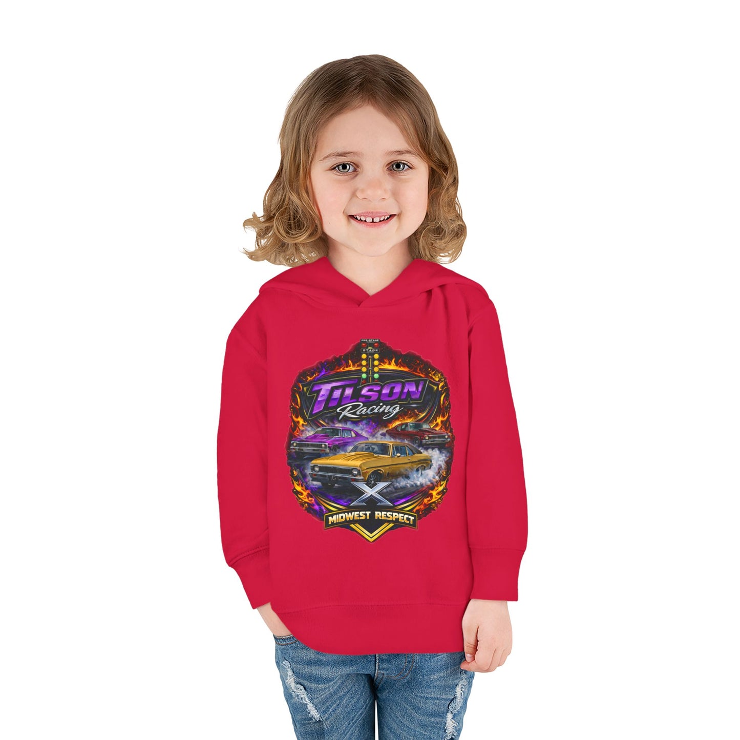 Child wearing a red hoodie with a graphic design on a white background