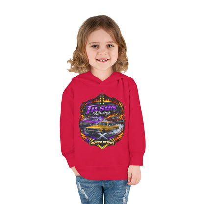 Child wearing a red hoodie with a graphic design on a white background