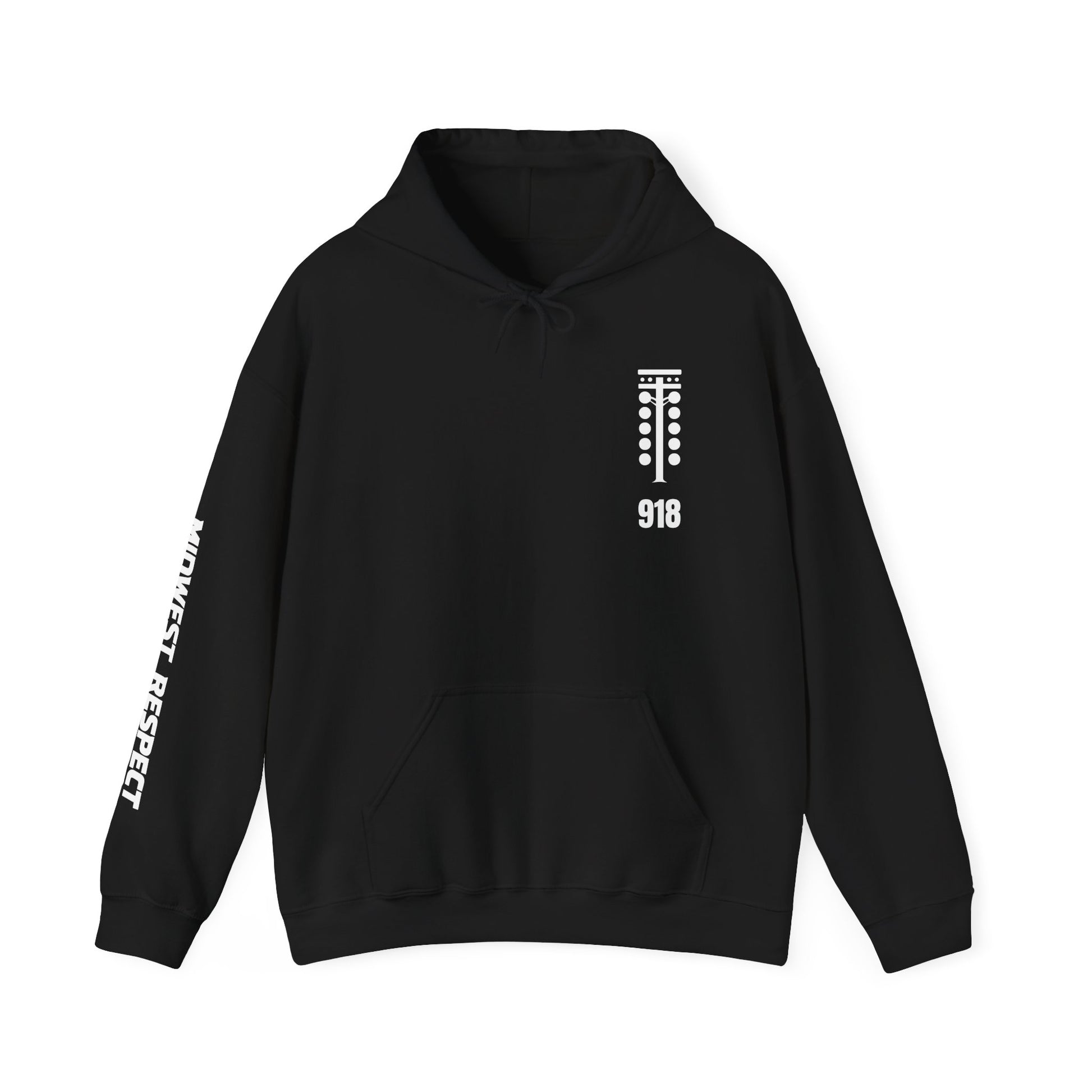 Black hoodie with a graphic design and text on a white background