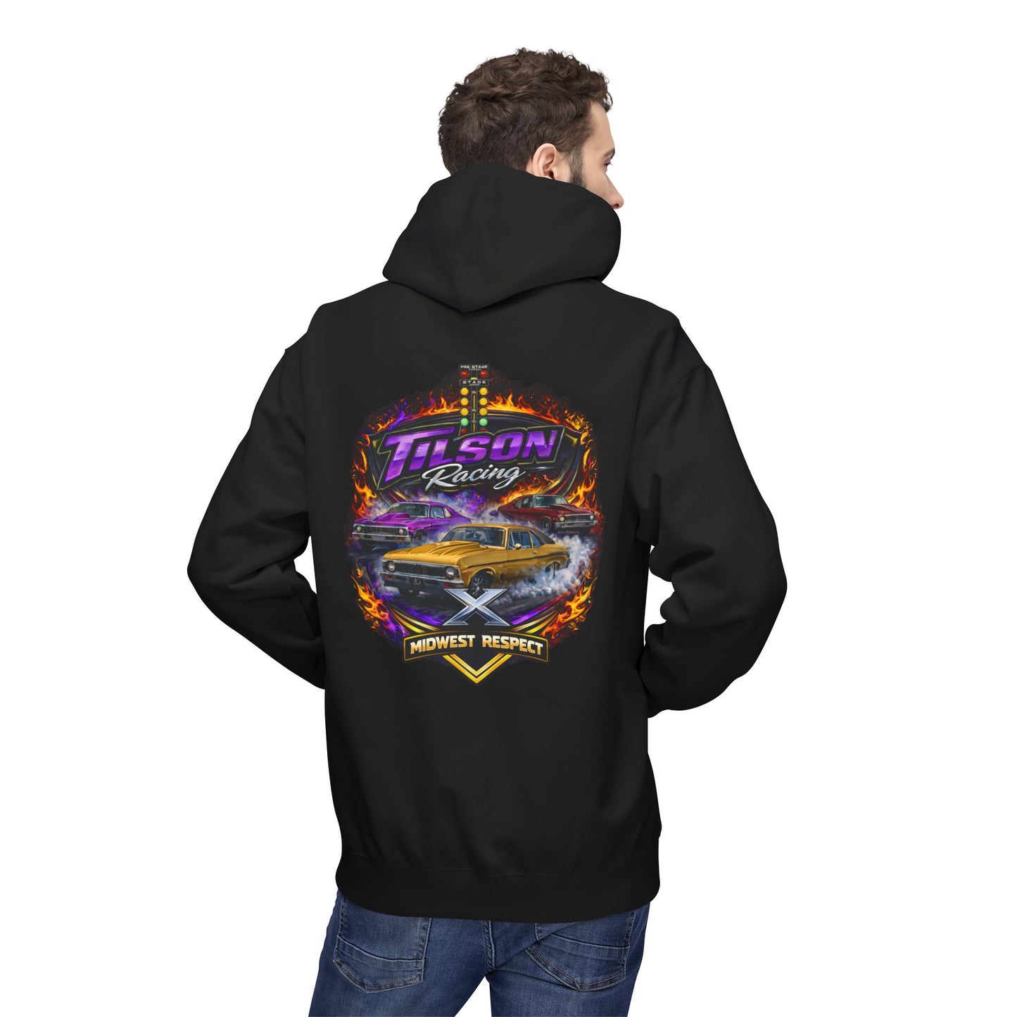 Person wearing a black hoodie with a colorful graphic on the back, standing against a white background