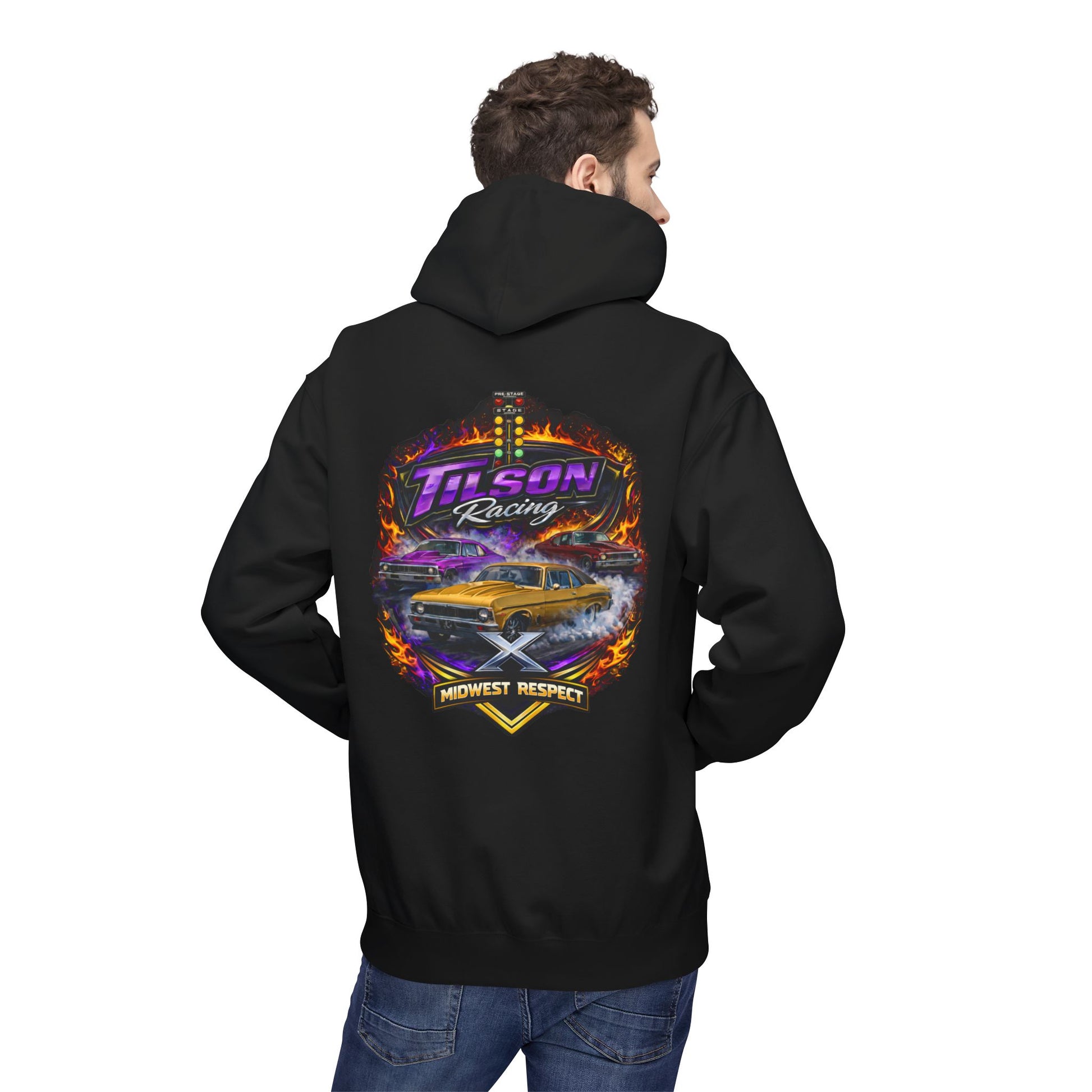 Person wearing a black hoodie with a colorful graphic on the back, standing against a white background