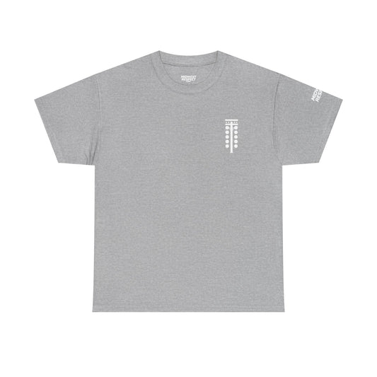 Gray t-shirt with racing tree design on a white background