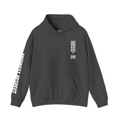 Heather gray hoodie with white text and logo on a white background