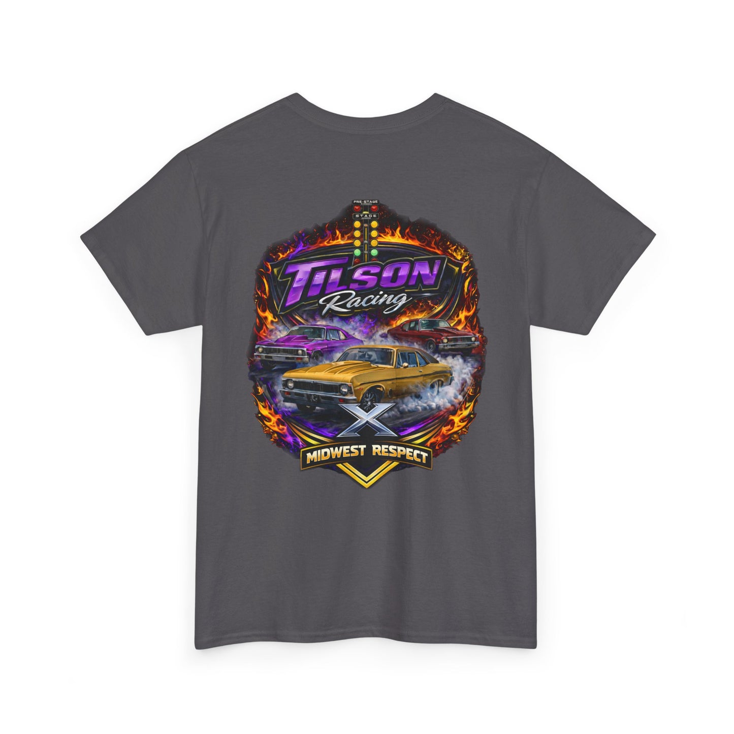 Gray t-shirt with Tilson Racing graphic design on a white background