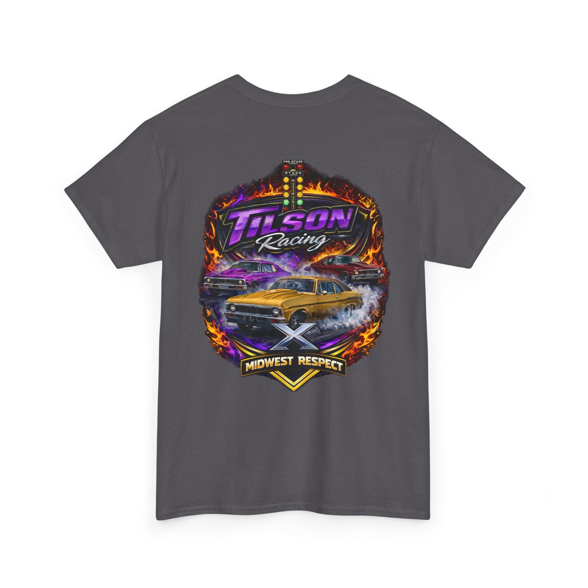 Gray t-shirt with Tilson Racing graphic design on a white background