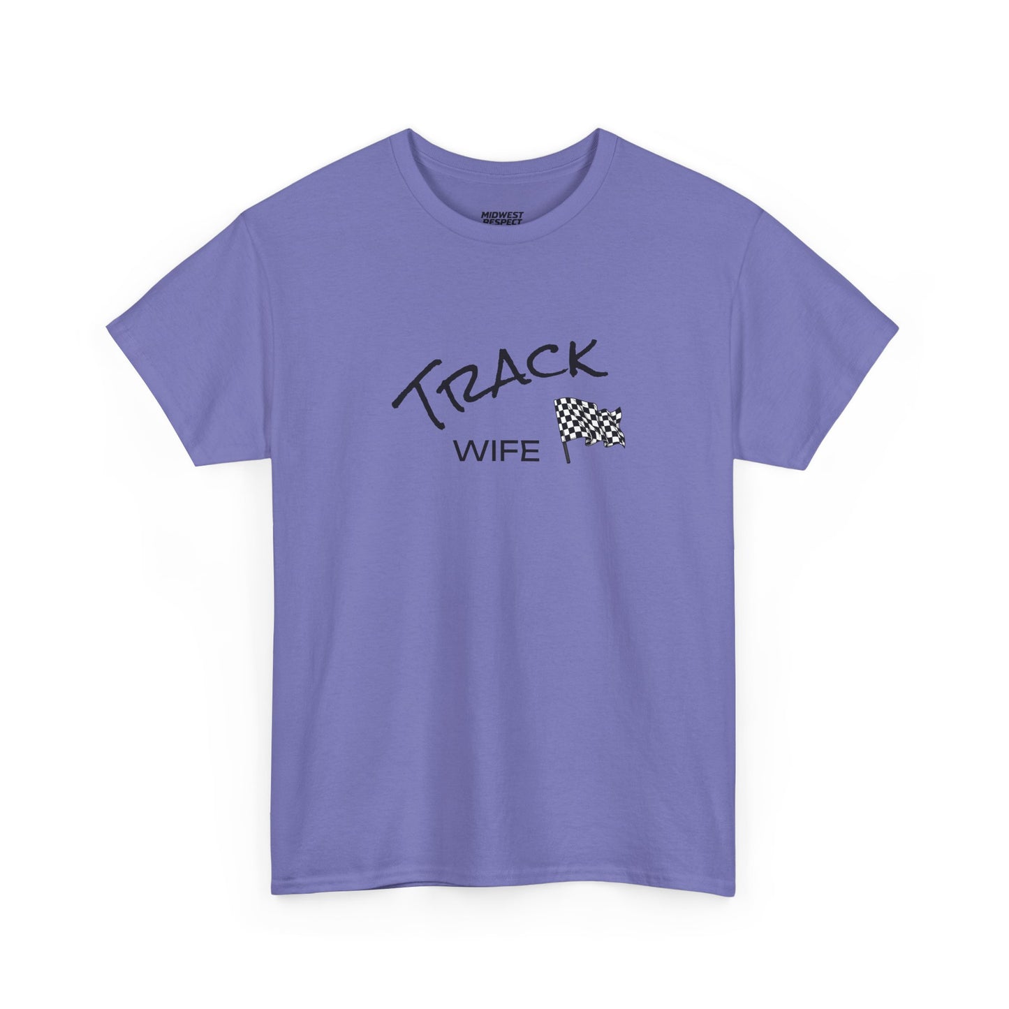 Purple t-shirt with 'Track Wife' text and checkered flag design on a white background