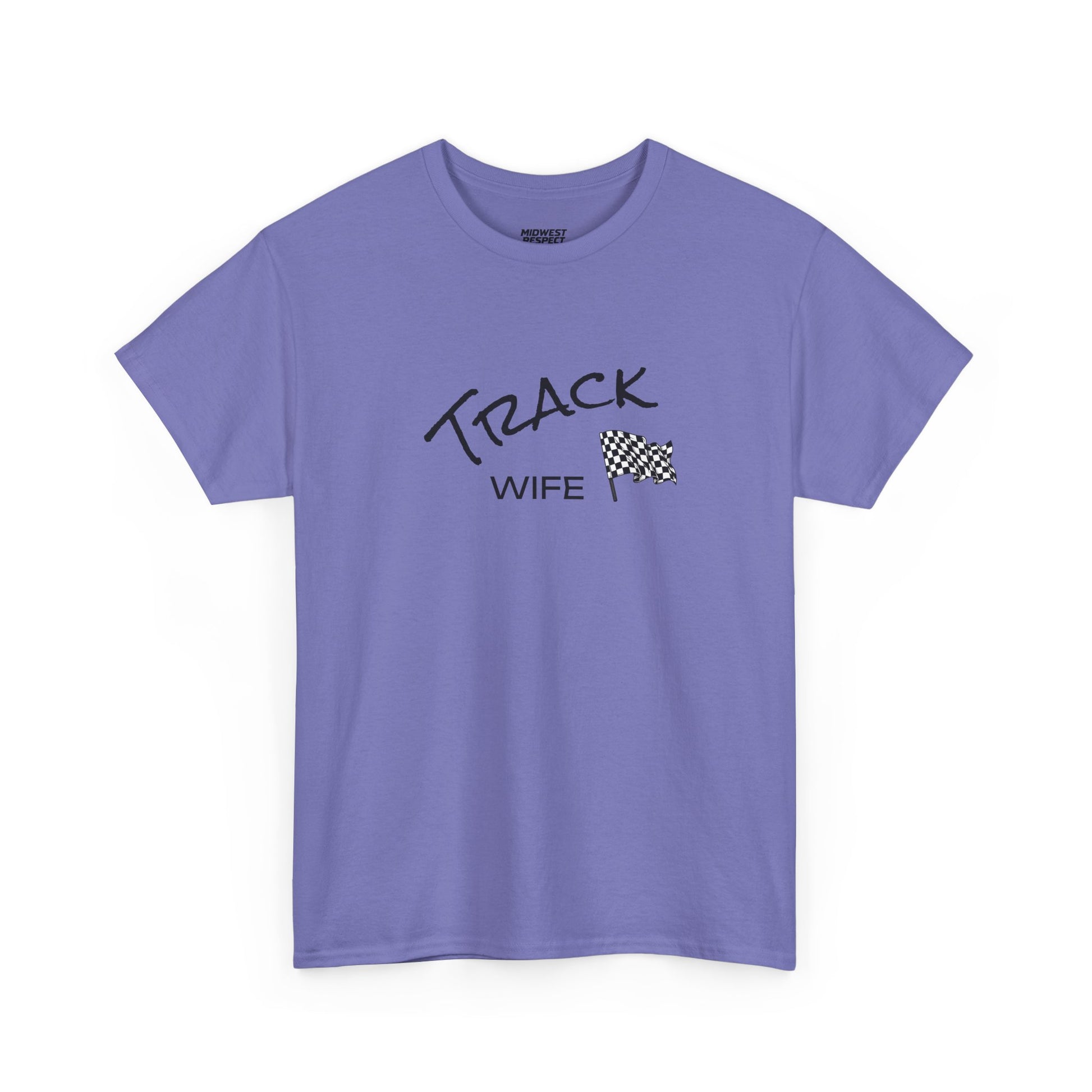 Purple t-shirt with 'Track Wife' text and checkered flag design on a white background
