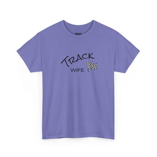 Purple t-shirt with 'Track Wife' text and checkered flag design on a white background