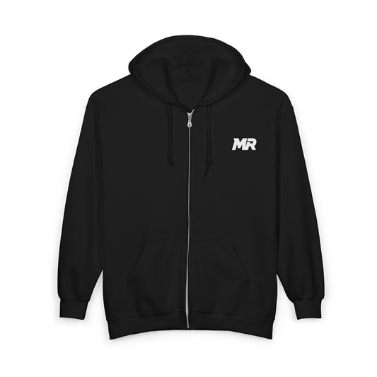 Black hoodie with a logo on the chest against a white background