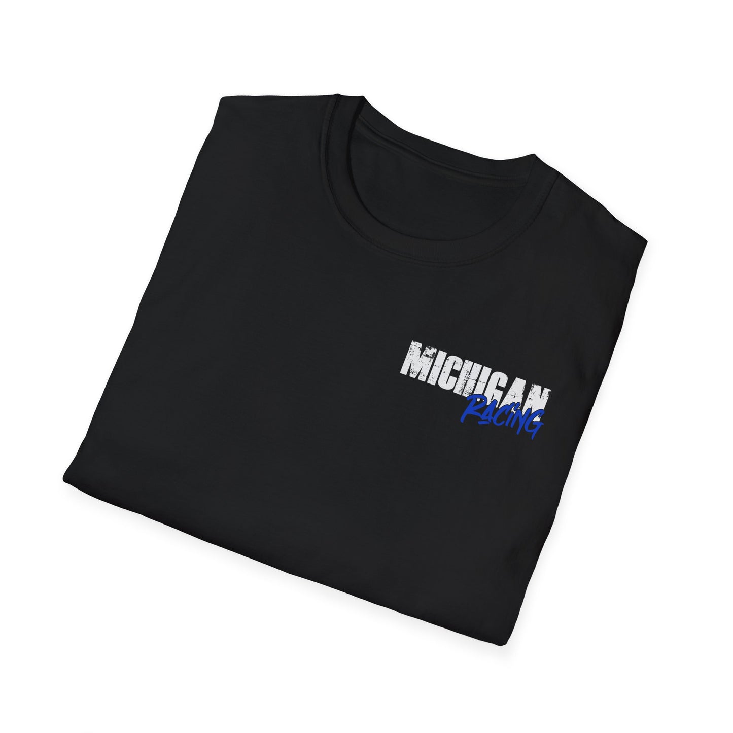 A folded black short-sleeve t-shirt with 'MICHIGAN Racing' printed on the chest in white and blue, displayed on a clean white background.