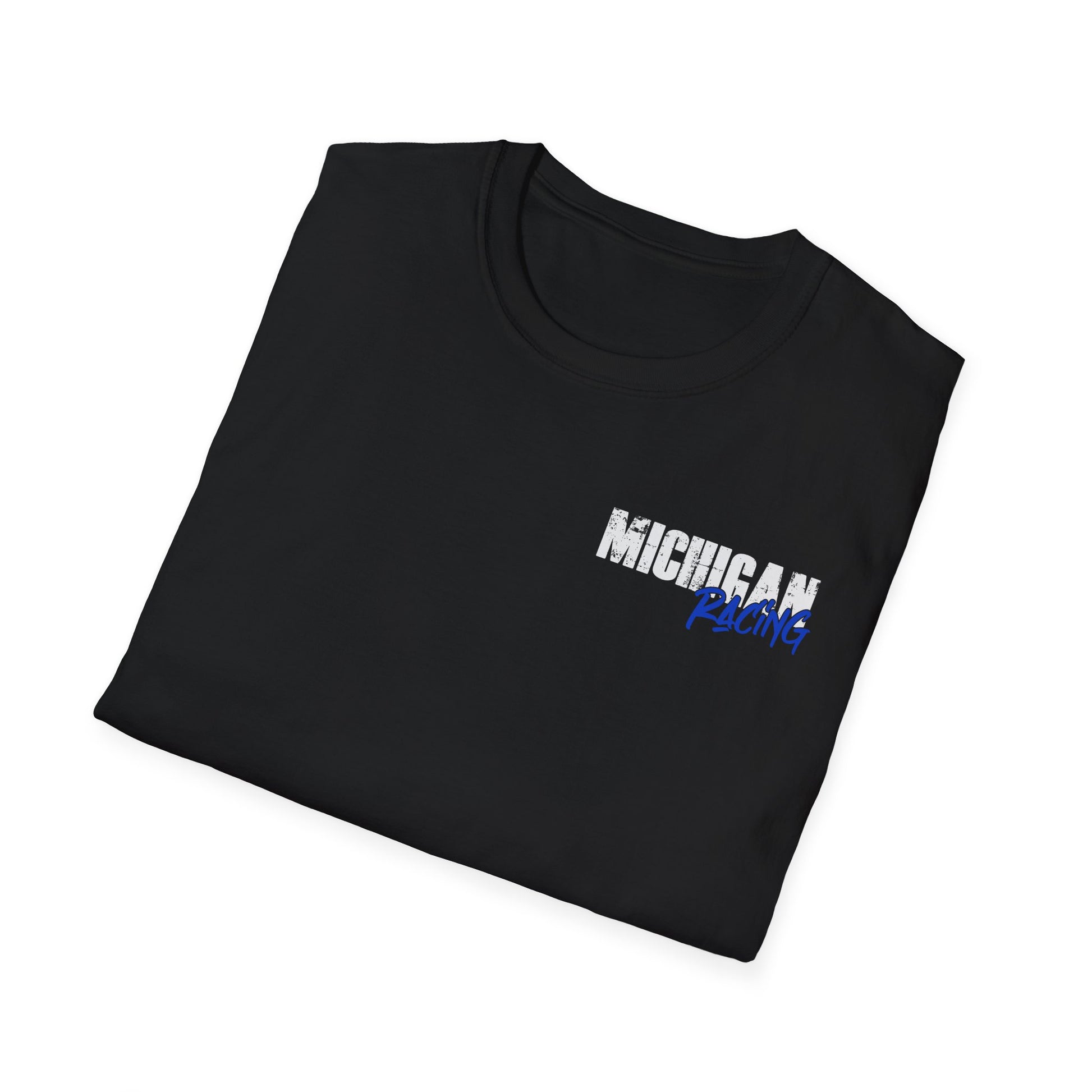 A folded black short-sleeve t-shirt with 'MICHIGAN Racing' printed on the chest in white and blue, displayed on a clean white background.