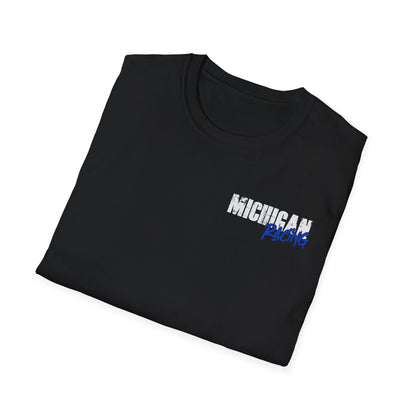 A folded black short-sleeve t-shirt with 'MICHIGAN Racing' printed on the chest in white and blue, displayed on a clean white background.
