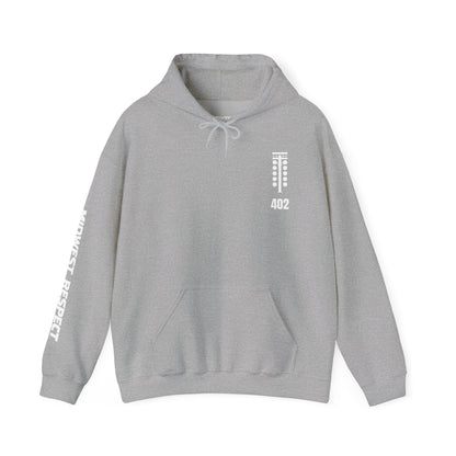 Gray hoodie with white text and design on a white background