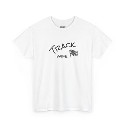 White t-shirt with 'Track Wife' text and checkered flag design on a white background