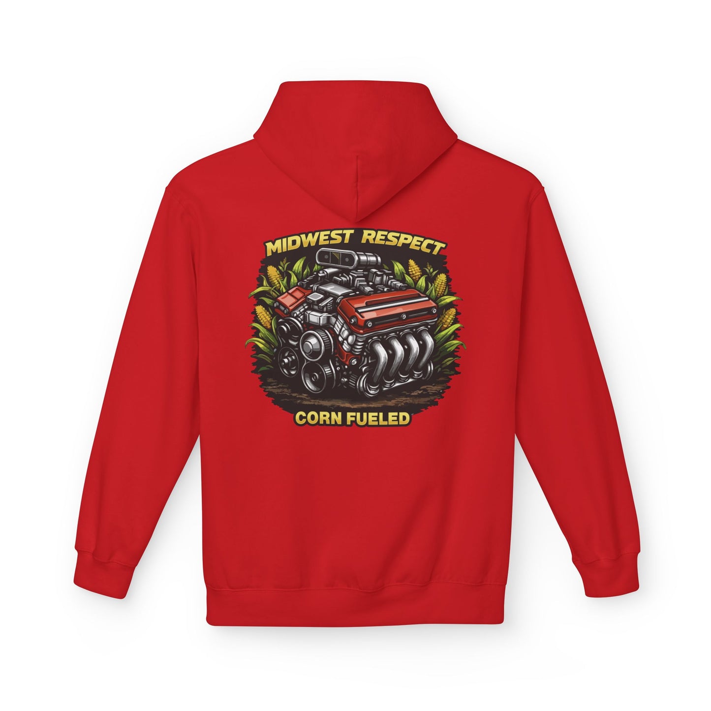 Red hoodie with a graphic of a engine and text on the back, on a white background