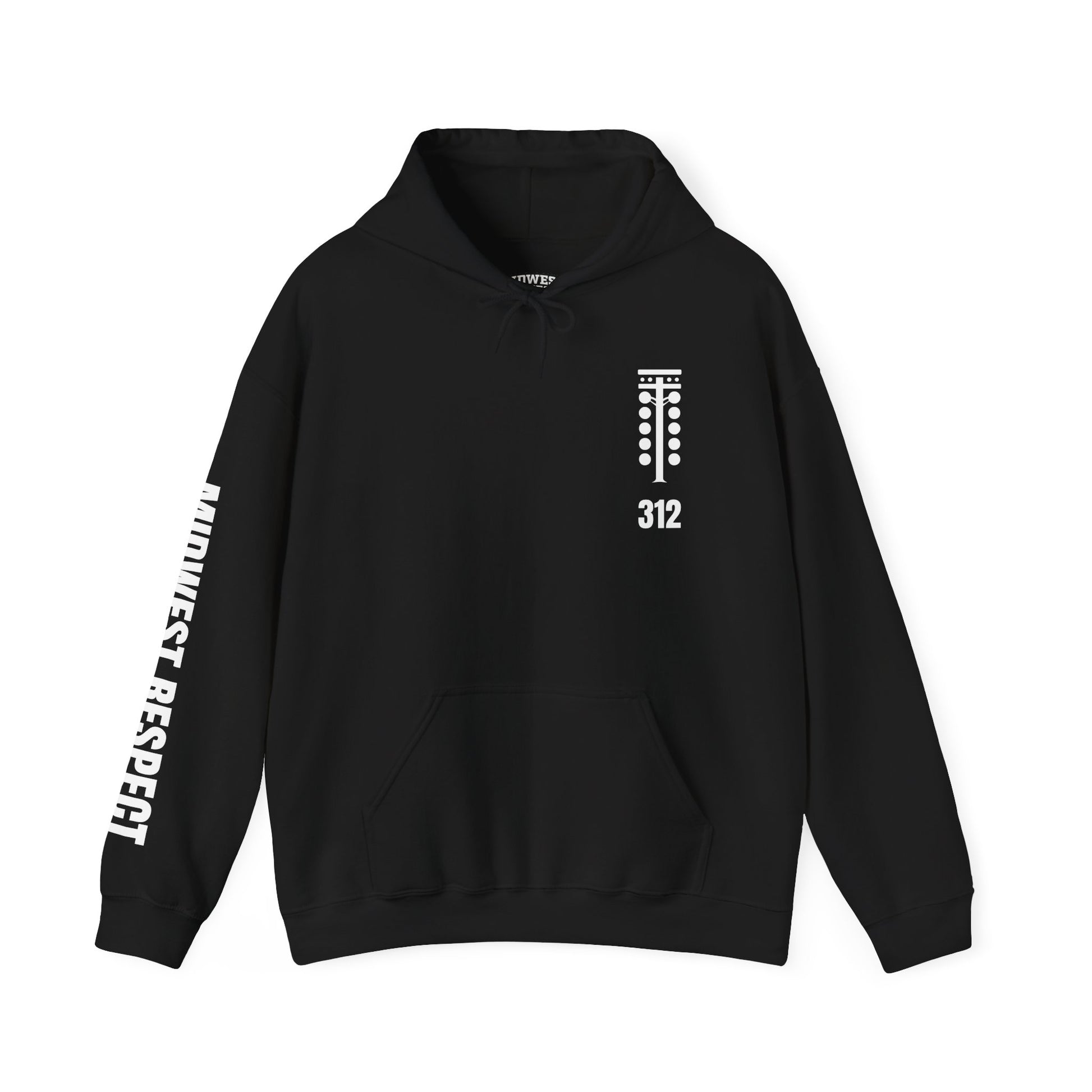 Black hoodie with white text and design on a white background