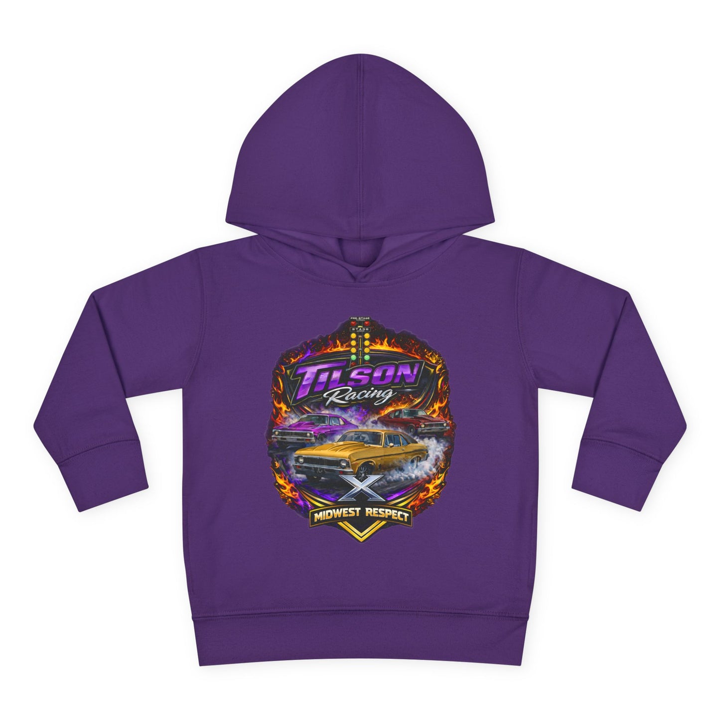 Purple hoodie with a graphic design on a white background