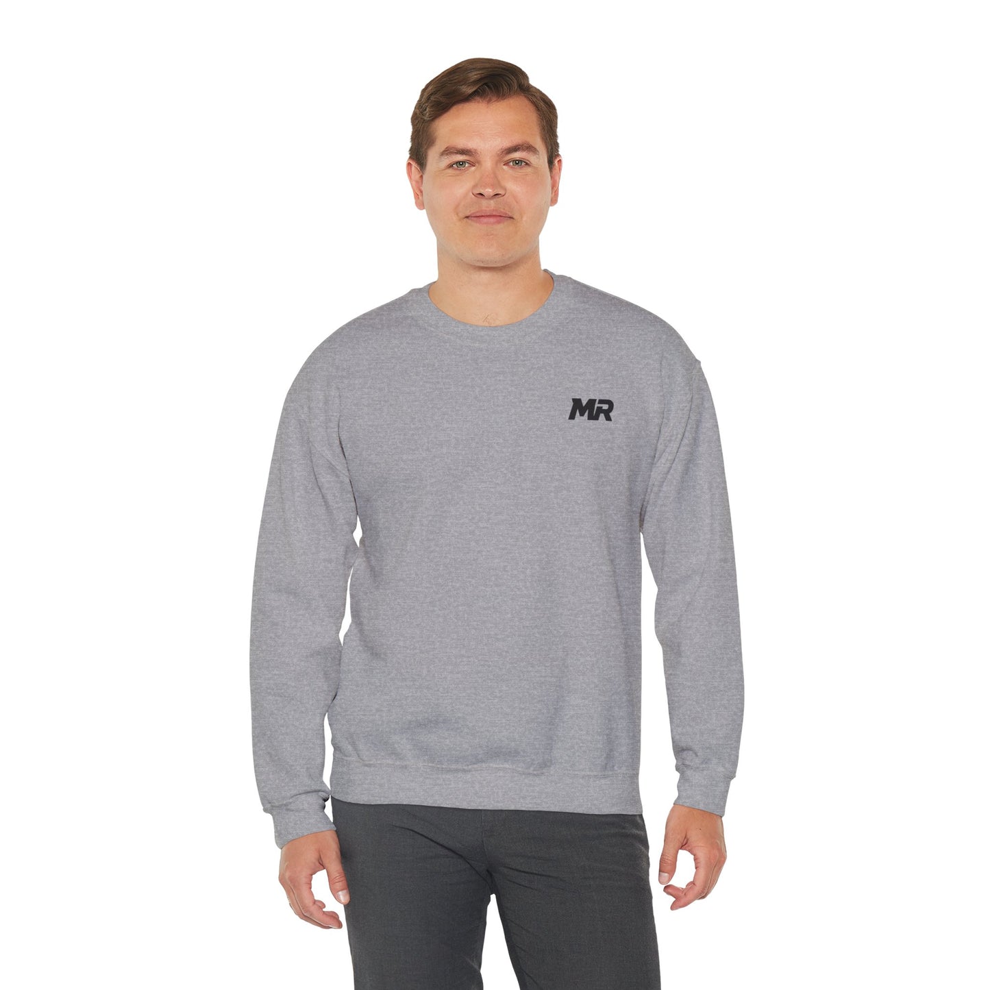 Man wearing a gray sweatshirt with text on a white background