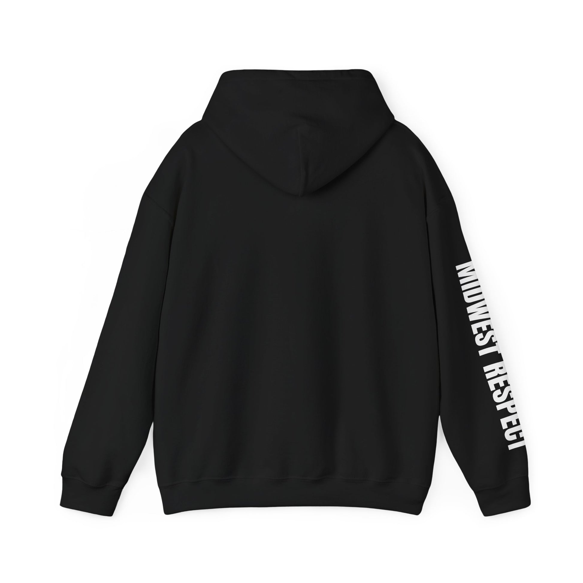 Black hoodie with a Midwest Respect design in white on a white background