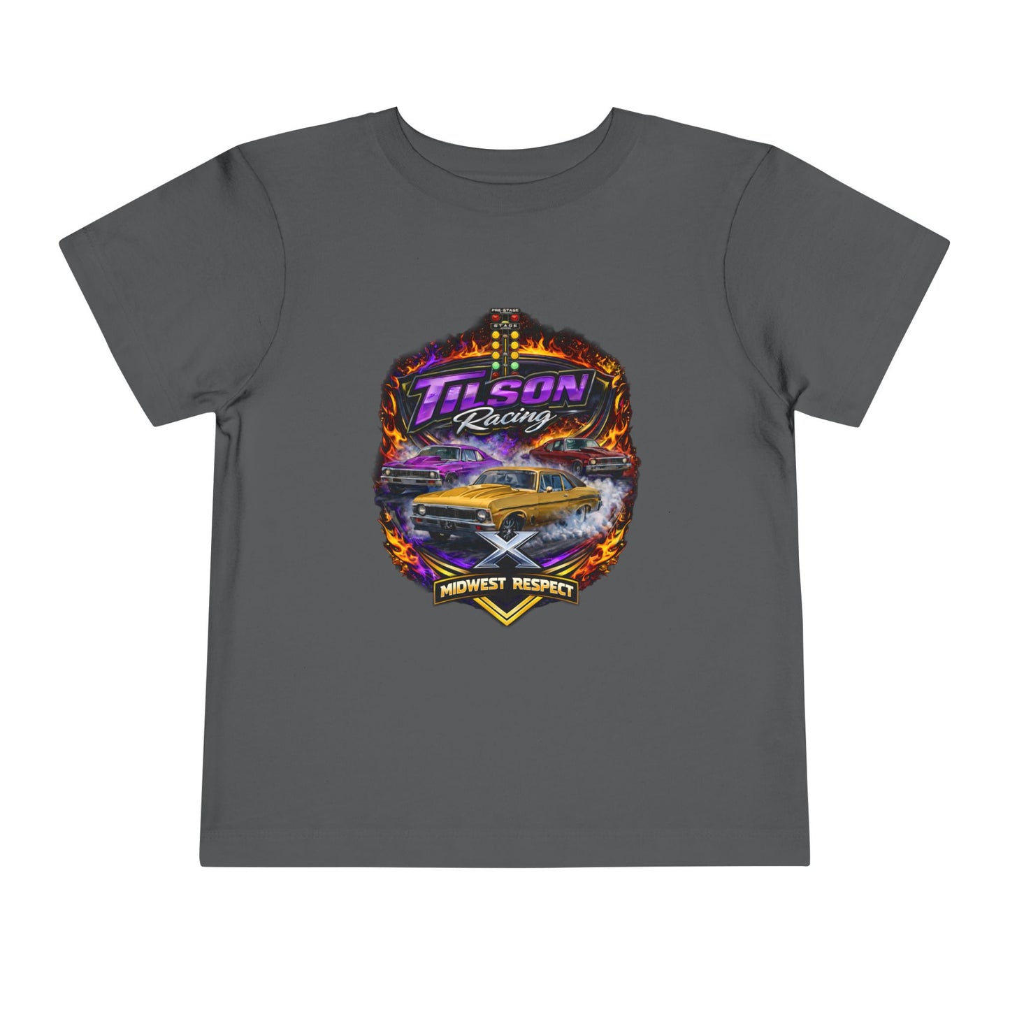 Gray t-shirt with a colorful graphic design featuring a car and text on a white background