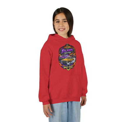 Person wearing a red hoodie with a colorful graphic design on a white background