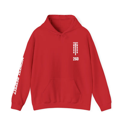 Red hoodie with white text and design on a white background